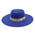 Detail of royal blue wool fedora hat with bohemian woven band and wide 9.5cm brim - M (56-58cm) / Blue