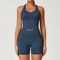 Set yoga blu ardesia da donna con reggiseno sportivo all'americana e shorts a vita alta - Taglia S / Top E Pantaloni / Canotta + Pantaloncini / Blu Navy