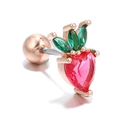 Pink heart zircon strawberry ear stud with green leaves and screw ball back - Rose Gold Strawberry