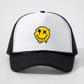 Vintage trucker pet met smeltende gele smiley op wit schuim en zwart gaas - Wit en Zwart Splitsen