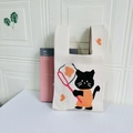 White knit tote bag with black cat and orange butterfly jacquard and happy cat text - Butterfly Cat Beige