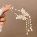 Épingle à cheveux dorée en U avec papillon en nacre et glands de perles - Papillon de Lune Perle Gland en Forme de U (11)