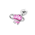 Pendiente de botón corazón rosa con anillo de planeta plateado y cierre de tornillo - Planeta Corazón (A486-2#) / Rosa (Pieza única)