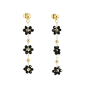 Bohemian 18K gold earrings with black crystal floral design and stainless steel chain - Black