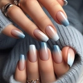 Uñas postizas de ataúd degradado rosa y azul con acabado brillante lucidas con anillos - Tipo de Pegamento / Estilo Degradado Rosa Azul (Y-504)