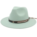 Detail of mint green wool fedora with brown leather band, white braid, and gold studs - M (56-58cm) / Mint Green