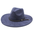 Detail of navy faux suede fedora hat with brown braided leather band and silver buckle - M (56-59cm) / Navy Blue Suede