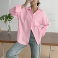 Pink and white striped long sleeve button-up shirt with front pocket for casual summer style - XS / Pink