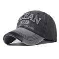 Vintage washed cotton baseball cap with Ocean embroidery and black leather brim details - Adjustable / Black