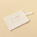 Close-up of white cotton gauze baby wipe organizer bag with clear window and snap strap - Pure White