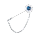 Silver lapel pin featuring a large blue gemstone and elegant tassel chain link - Peacock Blue (Silver Base)