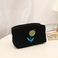 Borsa per trucco in velluto a coste floreale, grande organizer per cosmetici e ufficio - Nero