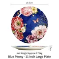 28.5cm blue ceramic dinner plate with pink peony floral patterns and golden accents - Blue Peony (11 Inch)
