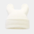 Detail of soft cream knitted beanie with cute animal ear design and ribbed texture - White
