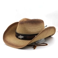 Detailed macro view of ombre straw cowboy hat with leather band and vintage metal buckle - M (56-58cm) / Khaki Coffee