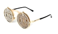 Detail view of steampunk flip-up sunglasses with golden metal mesh lenses and numbers - Gold Frame NO Style