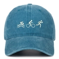 Detail of embroidered triathlon icons on vintage washed blue cotton baseball cap - Adjustable / Lake Blue