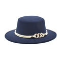 Detail of navy wool boater hat with gold braided trim and rhinestone cuban chain link - M (56-58cm) / Navy Blue