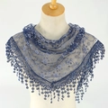 Navy blue floral lace shawl with delicate mesh embroidery and decorative crochet fringes - 125-36cm / Navy Blue