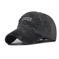 Macro side view of vintage washed grey cotton baseball cap with BLACK 3D embroidery - Adjustable / Black