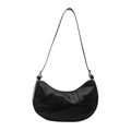 Minimalist black crescent hobo bag in glossy faux leather with silver hardware accents - Black