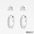 Silver stainless steel stud and hoop earring set with cubic zirconia clover design - Silver Stud and Hoop Earring Set (PD3217)