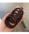 Brown woven hair ties with leather smiley face charms in a 5-piece set for high ponytails - Braided Smile Tag / Dark Coffee Braid