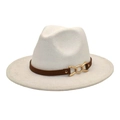 Detail of white wool fedora hat featuring brown leather band and gold chain buckle - M (56-58cm) / White