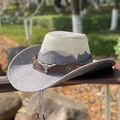 Gray and beige western cowboy hat with a brown leather band and metal bull head ornament - M (56-58cm) / Gray