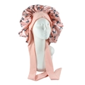 Pink satin hair bonnet with blue butterfly print and adjustable long ribbon ties - Coral Pink Butterfly