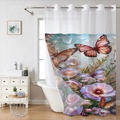 Dettaglio della tenda da doccia impermeabile con stampa floreale, farfalle e occhielli - SYL-2 Farfalla Rosa Tenda Singola / 181x188cm