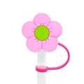 Pink and green flower silicone straw cover cap with attachment ring for dust protection - 1704-69 Pink and Green Two-tone Flower