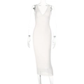 Sleeveless white V-neck bodycon midi dress with delicate lace trim detailing - XS / Off White