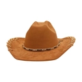 Stylish brown suede cowboy hat featuring elegant gold metal chain trim for fashion. - One Size / Khaki