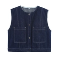 Gilet di jeans blu scuro da donna con scollo rotondo, bottoni a rivetto e tasche - S / Blu scuro