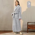 Women's thick silver grey plush bathrobe with hood, waist belt and white striped details - Silver Grey (Women)