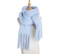 Soft light blue mohair scarf with tassels displayed on a wooden mannequin - Sky Blue