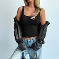 Y2K style square neck solid black tank top worn with a leather jacket and jeans - S / Black