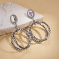 Geometrische holle ovale oorbellen met fonkelend kristal en grijze kralen op steen - Grijs (925 Zilveren Pin)
