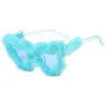Light blue heart-shaped sunglasses with fluffy plush trim and blue transparent lenses - Blue