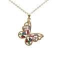 Gold butterfly pendant necklace with multi-colored zircons and crystal stones on O-chain - Hollow Colored Rectangular Gemstone Butterfly