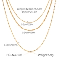 Detailed view of 18K gold plated triple layered stainless steel necklace with dimensions - Triple Layer Minimalist Chain Gold (HC-N40102) / 【product Attributes】three-layer Necklace Gold 【material】unknown 【weight】5.9g 【model】hc-n40102. Includes Three Different Chain Styles. 【visual Presentation】professional Still Life Photography White Background Clear Light And Shadow Showcasing The Necklace's Layering And Details. Image Quality: [high] Clear And Sharp. Aesthetic Appeal: [high] Professional Composition. 【text Content】image Includes English Parameter Labeling: 【length】42.2cm + 5.5cm (16.6in + 2.16in) 【chain Width】0.2cm (0.08in) 0.24cm (0.09in) 0.18cm (0.07in) Respectively 【weight】5.9g 【model】hc-n40102. No Logo Or Certification Mark. 【review Conclusion】passed. The Product Is Clear And The English Parameters Can Be Directly Used For Cross-border E-commerce. 【logistics Label】none. The Product Is Jewelry And Does Not Belong To Sensitive Logistics Categories. 【infringement Risk】none. No Infringing Brands Or Classic Designs Were Identified. 【product Specifications】length: 42.2cm + 5.5cm (16.6in + 2.16in); Width: 0.2cm (0.08in) 0.24cm (0.09in) 0.18cm (0.07in); Weight: 5.9g; Model: Hc-n40102.