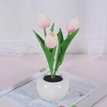 Close-up of artificial pink tulip LED night light in a white ceramic pot decoration - Style B-3 Heads-Pink-Battery