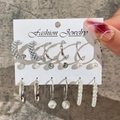 6-pair silver earring set featuring pearls, crystals, and hoops on a display card - Silver Pearl Zirconia Hoop Set (5254425)