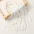 White linen cotton scarf with frayed tassel edges displayed on a light wooden tray - 180*100cm / White (TH39-1)
