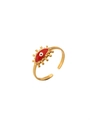 18k gold plated adjustable evil eye ring with red and white enamel eyelash details - Red Evil Eye