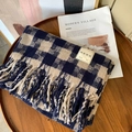 Navy blue and khaki checkered scarf with soft fringe and minimalist woven label - Windmill Style (Navy)