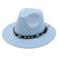 Detail of light blue fedora hat with turquoise stone and silver stud leather band - M (56-58cm) / Sky Blue