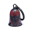 Black metal bell pendant with red rhinestone eagle wings and a keychain attachment - Black Bell with Red Rhinestones