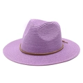 Macro shot of light purple straw fedora hat with fine woven texture and brown cord - M (56-58cm) / Taro Purple